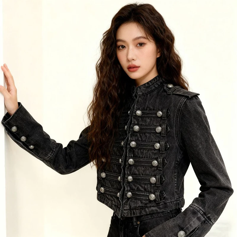 معاطف كلاسيكية من قماش الدنيم مناسبة للنساء لربيع وخريف سترة قصيرة مرقعة بأزرار وأكمام طويلة ملابس خروج هاراجوكو كلاسيكية