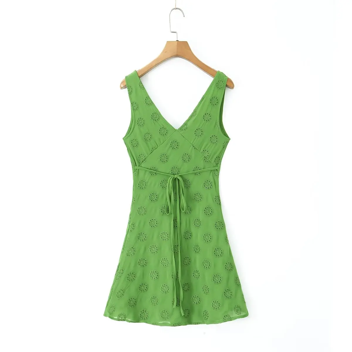 Strive & Di-Mini robe verte brodée vintage française pour femme, robe précieuse à col en V pour l'été