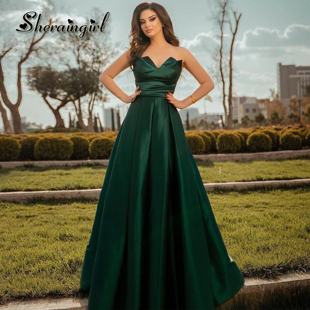 

SHERAIN Simple Satin Prom Dresses For Women V Neck Sleeveless A-Line Pleat Brush Train Robes De Soiree Custom Made