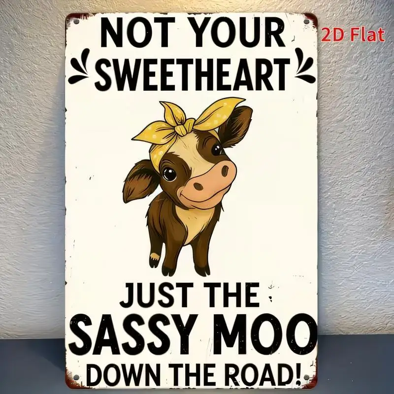 2D Flat Sassy Moo Cow Vintage Metal Tin Sign - Retro Farmhouse Wall Art (Yellow Bandana Cow, Iron) for Home/Farmhouse Decor