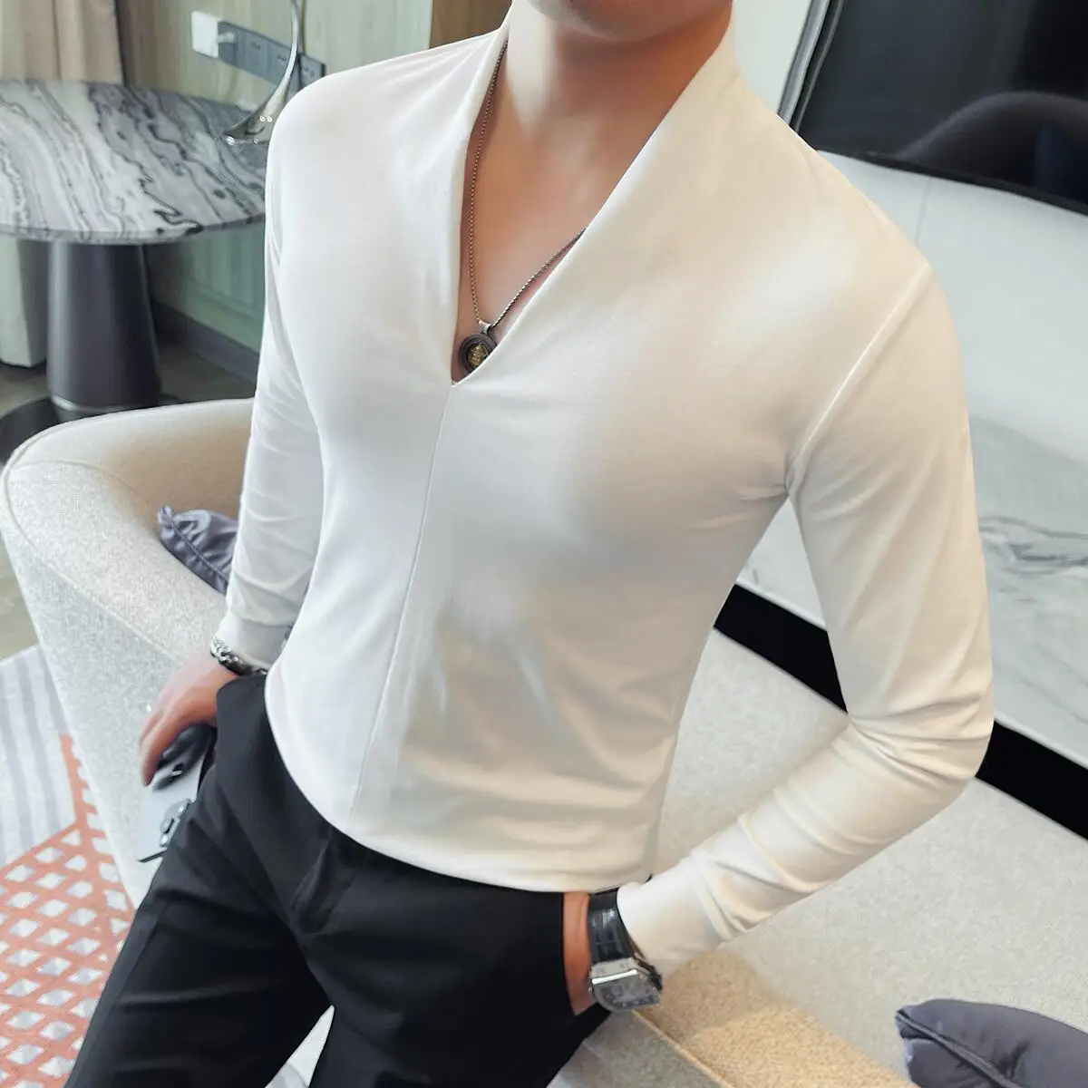 

Men's V-neck Long Sleeved T-shirt 2025 Autumn Winter New Versatiles Casual Fashion Slim Fit Solid T-shirt Bottoming Shirt 4XL-M