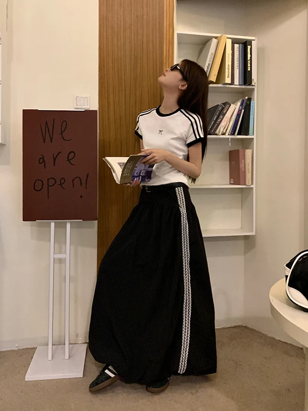 

Summer New plus Size Women's Bla Lace Striped High Waist A-Line Midi Skirt Faionable Loose Women's Clothing