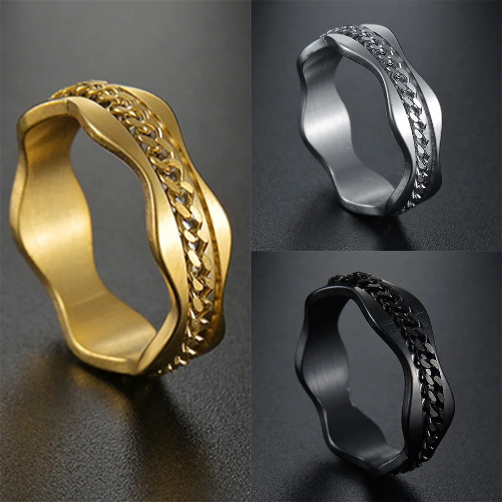 Punk Rock Gold Silver Black Color Chain Rotate Shape Men's Ring Unisex Club Party Gift Stainless Steel Ring Jewelry Wholesale