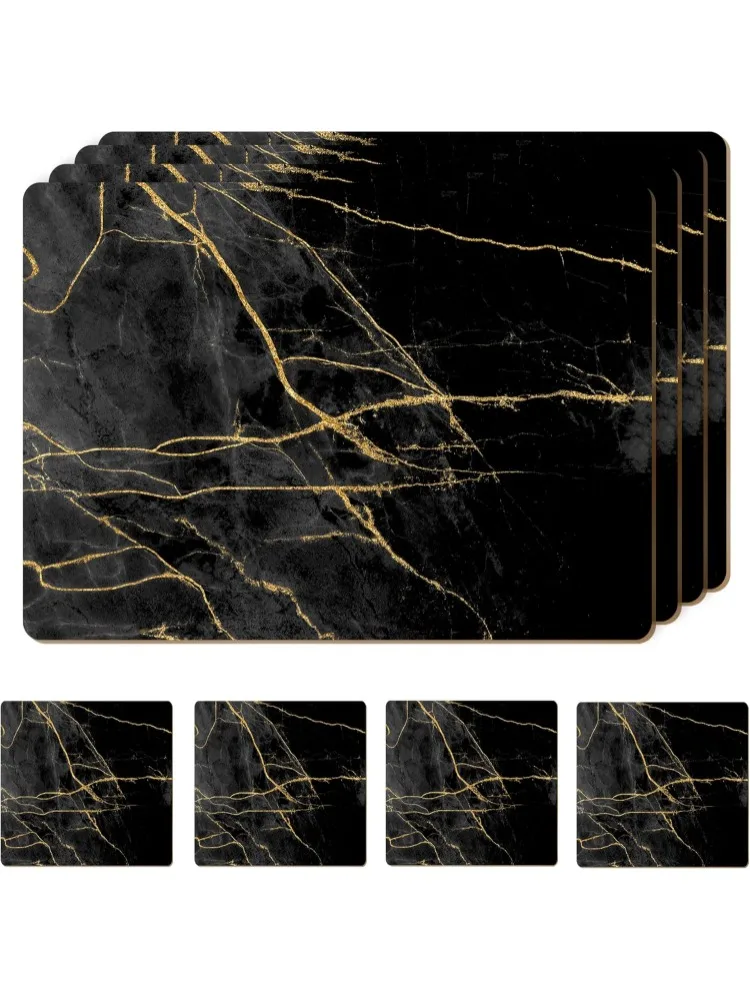 Set of 4 Heat Resistant Cork Placemats for Dining Table with Free Set of 4 Matching Drink Coasters Marble Design 16 x 12 Inches