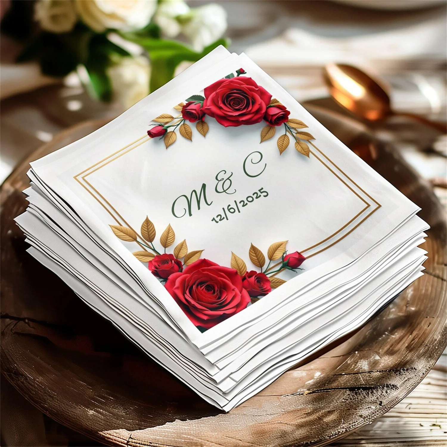 50pcs Custom Wedding Cocktail Napkins, Personalized Monogram Napkins, Elegant Wedding Table Decor, Unique Wedding Keepsakes, Ros