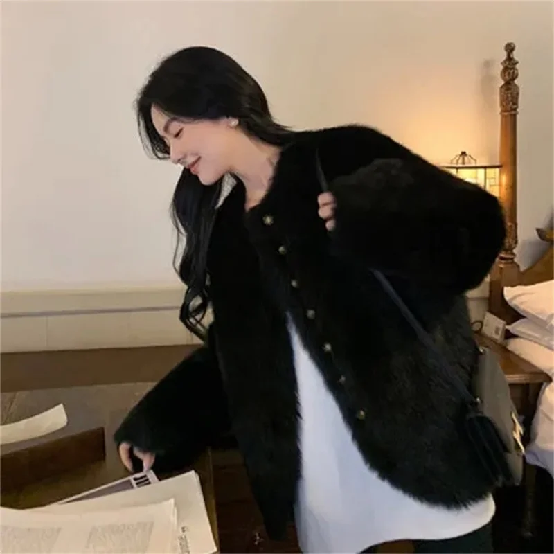 2023 New Fox Hair Imitation Youth Thickened Round Neck Fur Coat Women's Mid length Loose Fashion Korean Edition Hair Solid Color