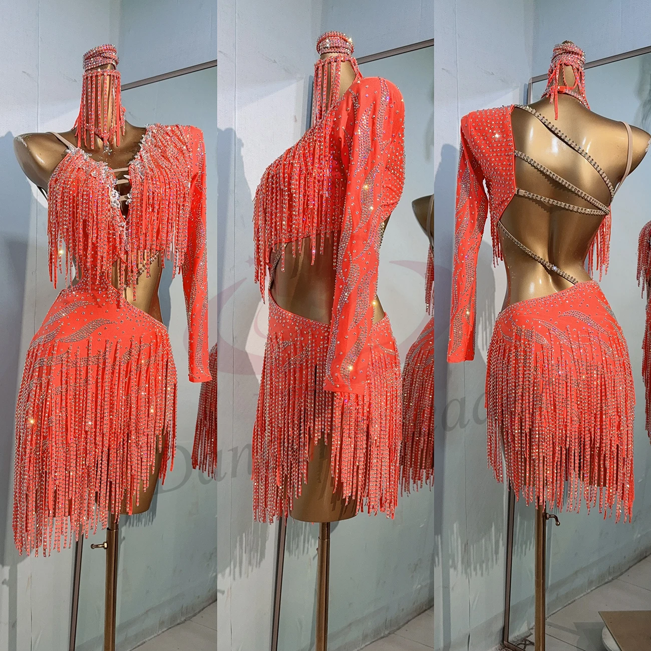 الرقص اللاتيني المرأة الراقية مخصص الماس شريط شرابة كبيرة عارية الذراعين تشا سامبا أداء حجر الراين اللباس