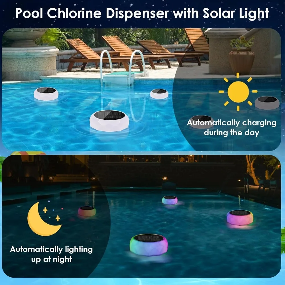 Pool Chlorine Floater with Solar Changing Lights - Hold Up to 5PCS 3-inch Chlorine Tablets (Not Included) for Pool & Decor