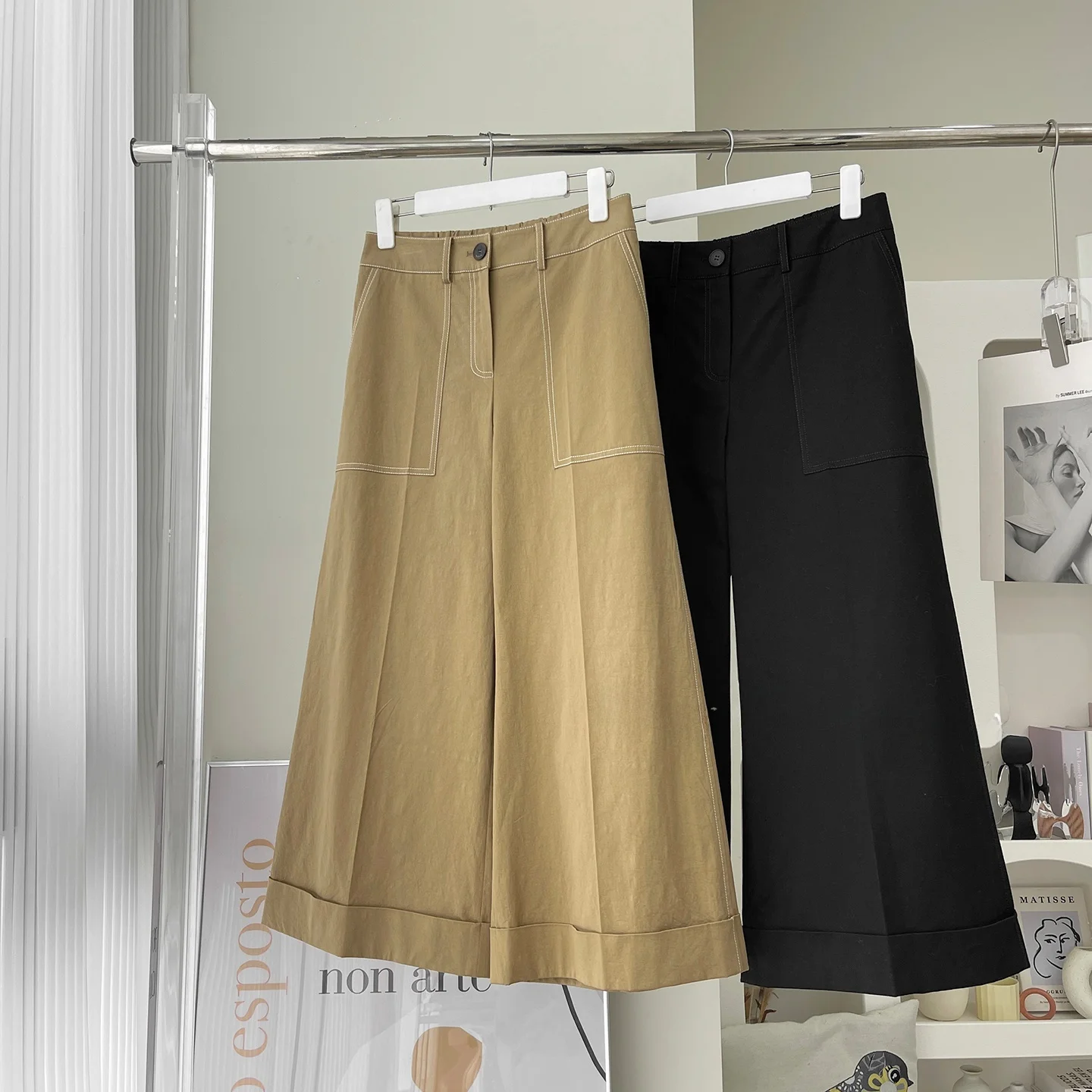 Slimming Wide Leg Workwear Trousers for Pear Shaped Body Commute Foldover Hem Korean Style Natural Waist Zipper Pocket Casual...