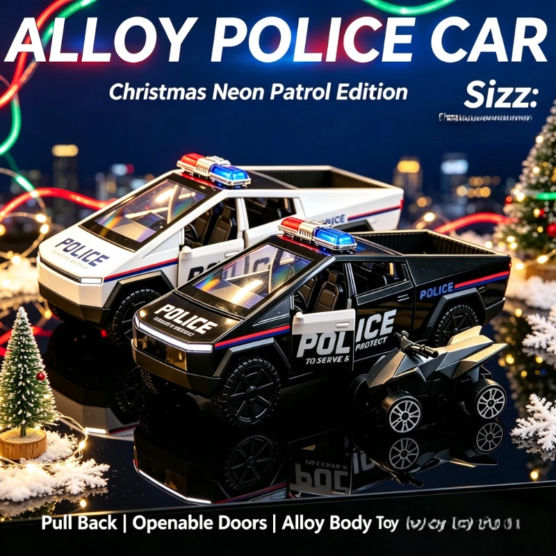 New 1:36 Police Pickup Alloy Car Model, Diecast Pull Back Replica, Openable Doors,Matching Mini ATV Accessory, For Hobby Desktop