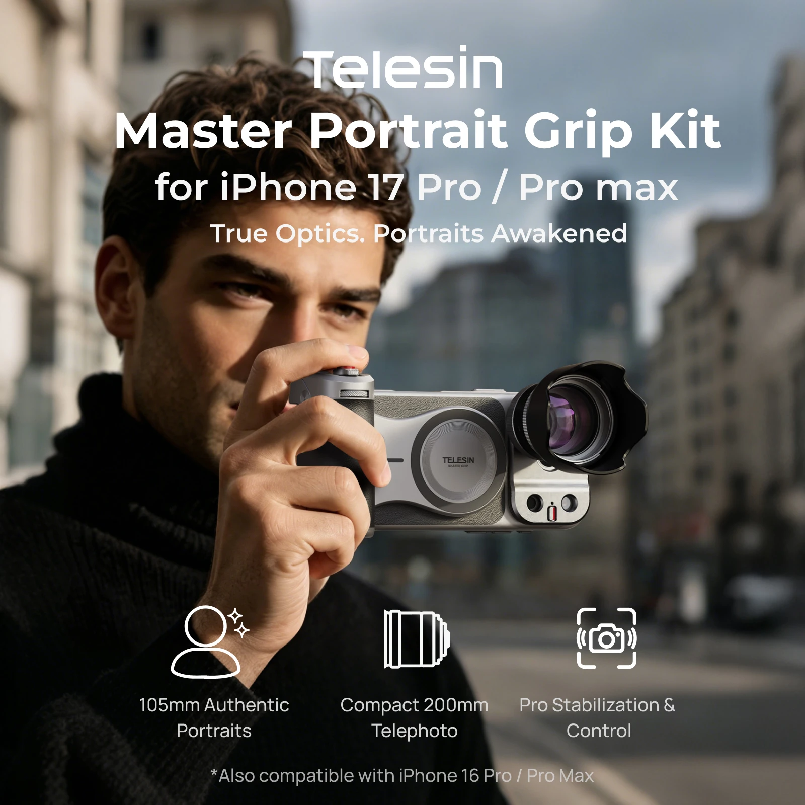 TELESIN Camera Grip Lens Kit For iPhone 17 Pro Max 17 Pro 105mm Portrait Lens 200mm Telephoto Photography Set