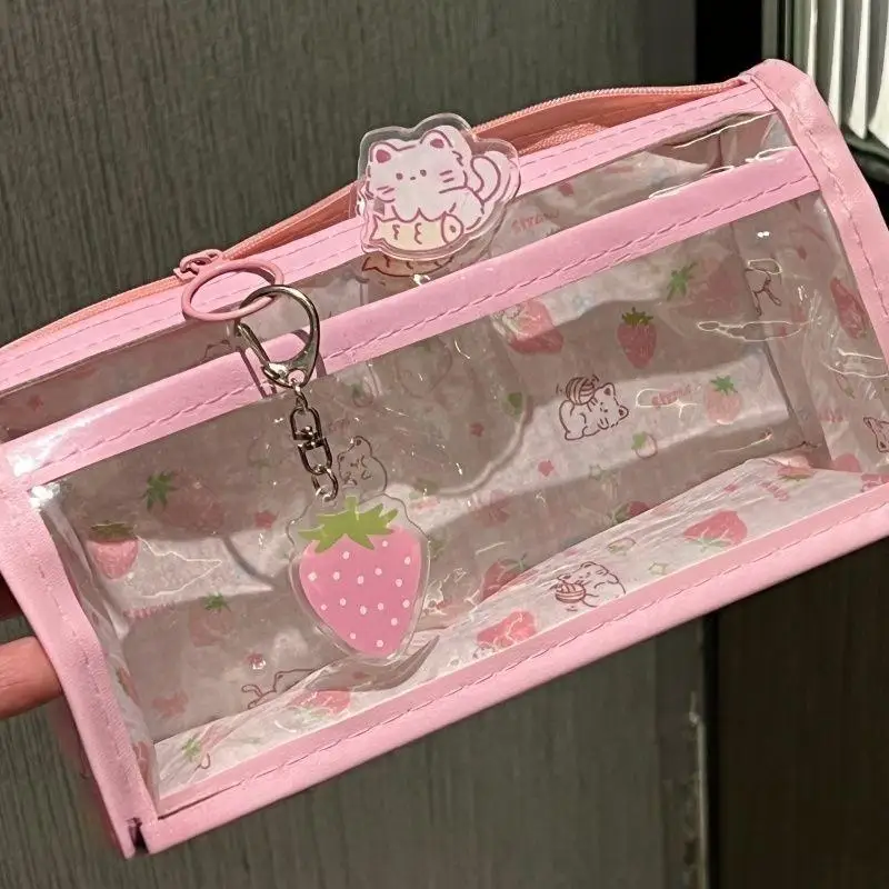 Transparent Zipper Pen Bag, Cute Cat Star Pattern Pencil Case, Large Capacity Organizer for School Supplies Cosmetic Storage