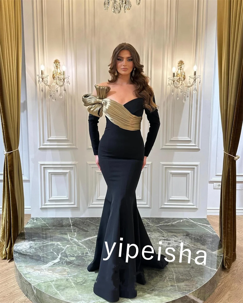 Customized Satin Pleat Cocktail Party Trumpet Off-the-shoulder Bespoke Occasion Gown Long Dresses