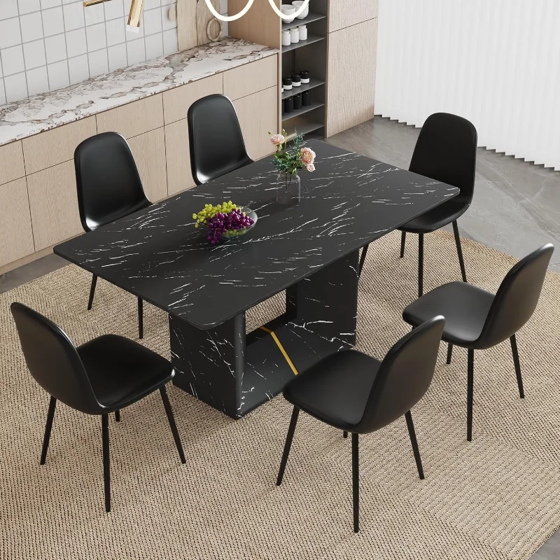 Dining Table Set for 6, 63'' Kitchen Table and Chairs for 6, Black Faux Marble Table and 6 PU Leather Modern Chairs Set
