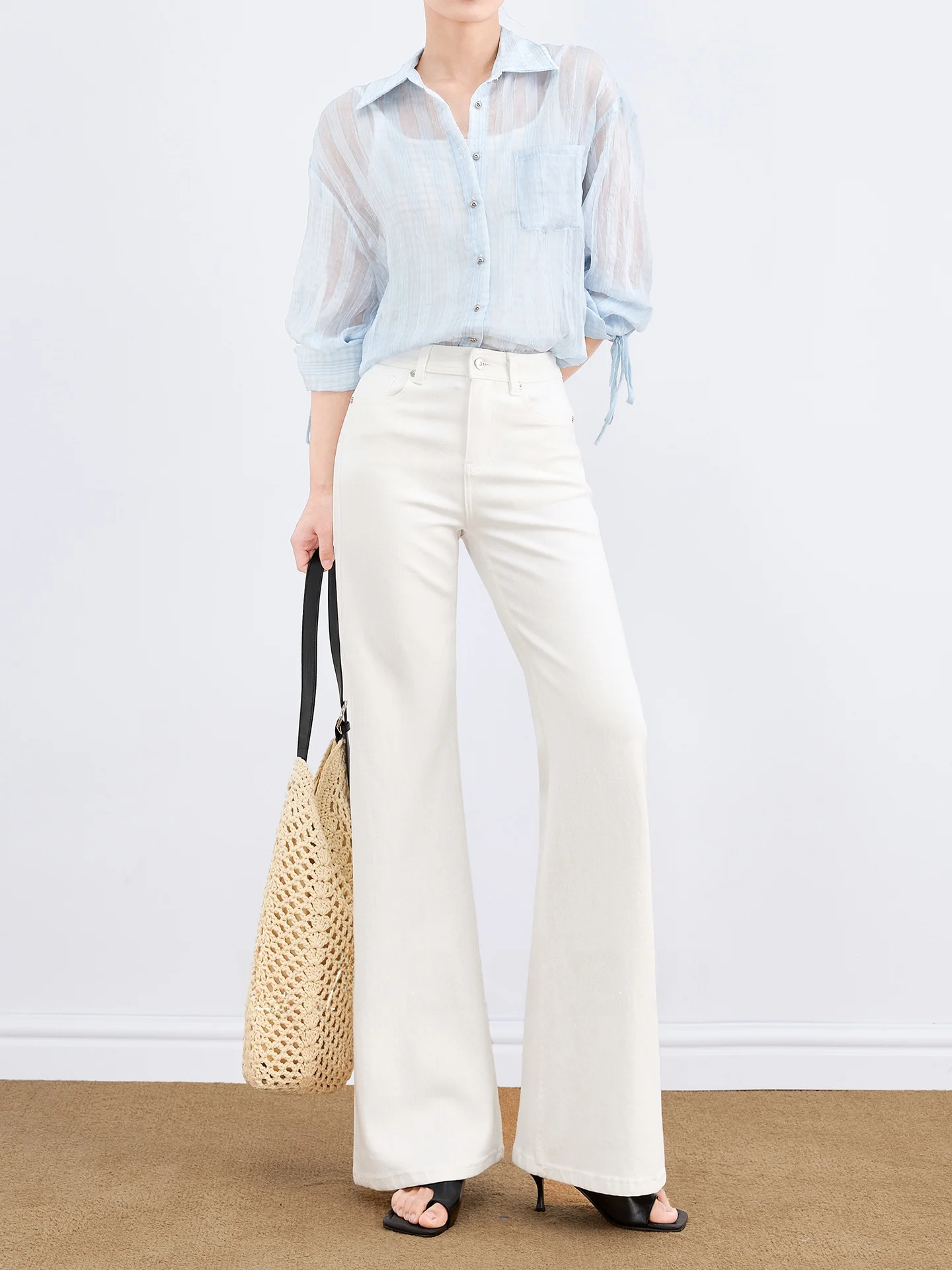 

High Waist Bell Bottom Jeans Women's Spring Summer Thin High Elastic Slimming Micro Flared Pants Commute Style Pure Color