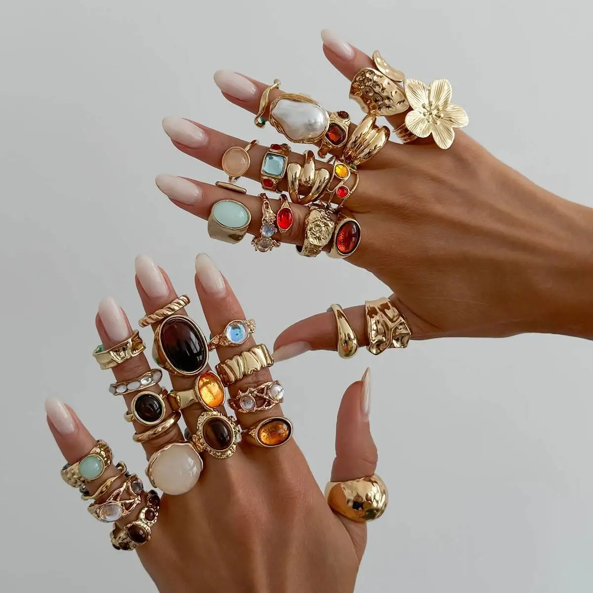 Salircon 35 Pcs/Set Luxury Exquisite Stackable Open Rings for Women Bohemian Flower Imitation Pearl Ring Charm Y2K Jewelry