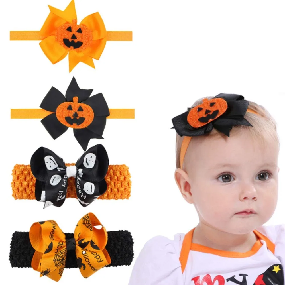 2Pcs/Set Baby Halloween Hair Accessories, Kids Pumpkin Skull Spooky Fun Accessories, Bow Hair Bands, Newborn Easter Headpieces