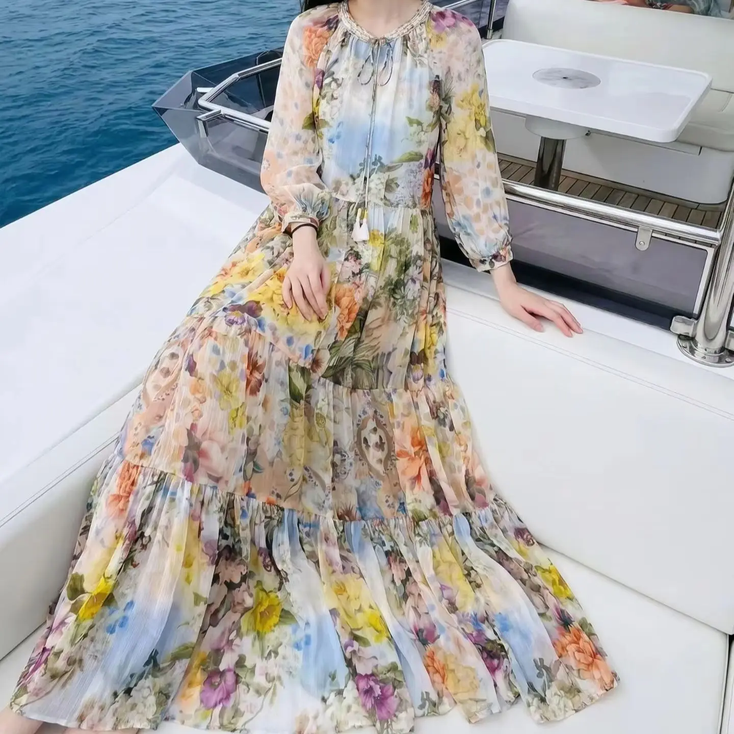 

Women silk print long dress fashion Loose holiday maxi dress