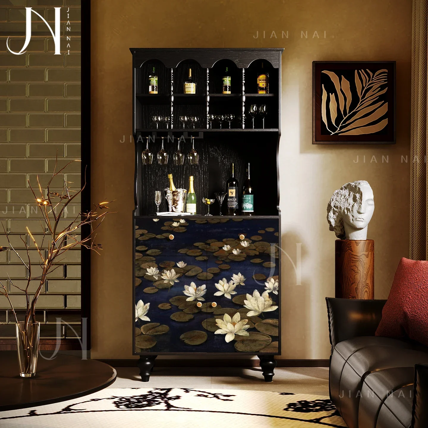 TAOFrench antique lotus pond lotus solid wood dining wine cabinet living room against the wall coffee cabinet dining room