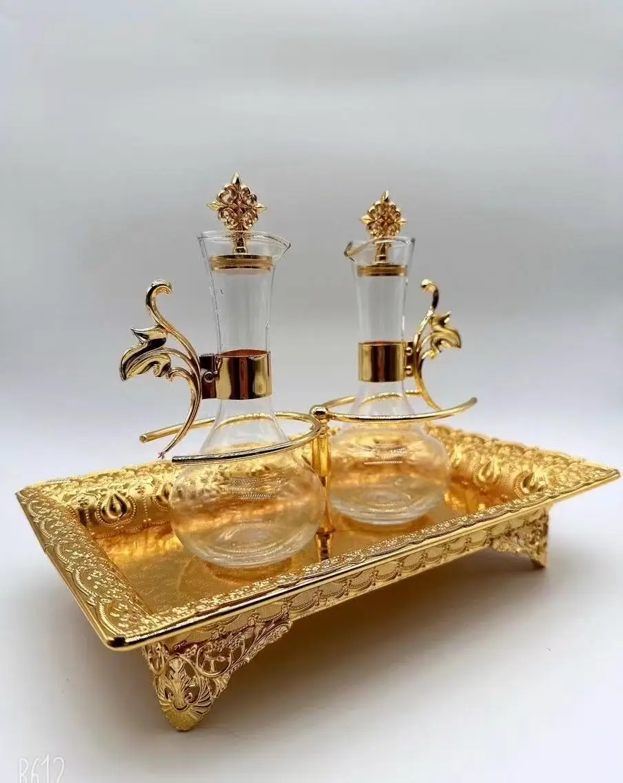 Catholic Antique Holy Wine Set Brass Gild Base Glass Bottle For Ritual Religious Ornament Church Supplies