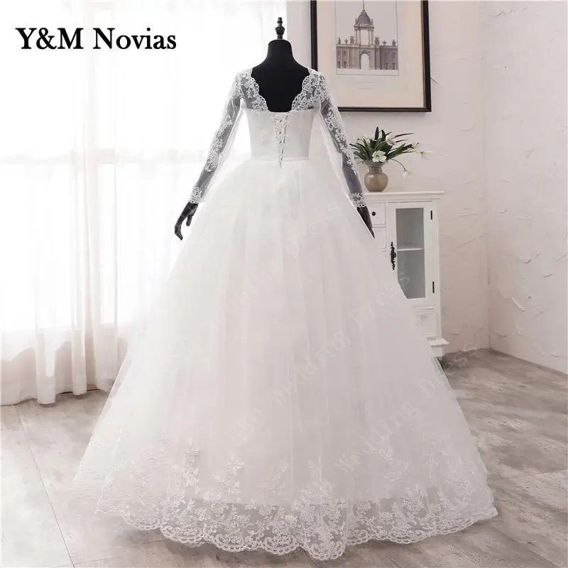 New Spring Lace Appliques Wedding Dress Long Sleeve Vestidos De Novia 2025 White V-Neck Bride Wedding Gown Customized Plus Size