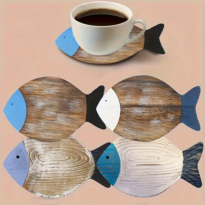 4pcs Whimsical Fish-Shaped Wooden Coasters - Vibrant Blue & White Patterns, Heat-Resistant, Perfect for Coffee & Tea Lovers