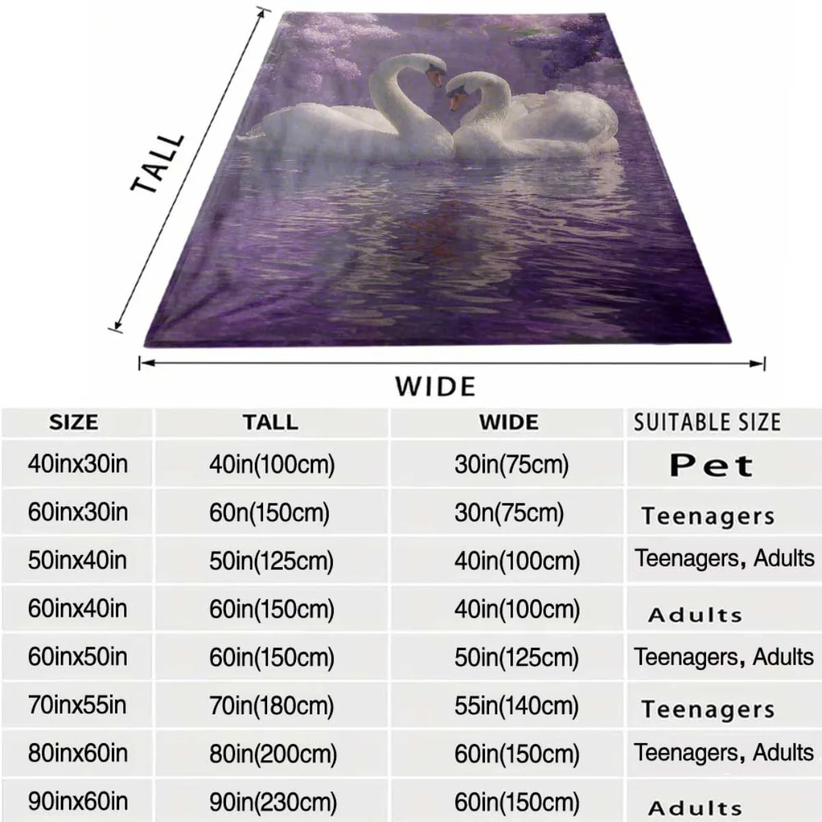 Large Swan Pair Purple Lilac Aesthetic Throw Blanket Sofa Couch Decor Cozy Picnic Blanket 150x200cm