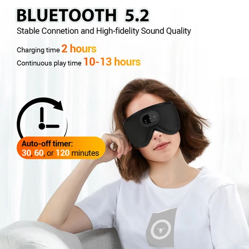 Imagen 2 del producto Auriculares Bluetooth 5,2, máscara de ojos de música inalámbrica 3D, auriculares con ruido blanco para artefactos, auriculares transpirables para dormir