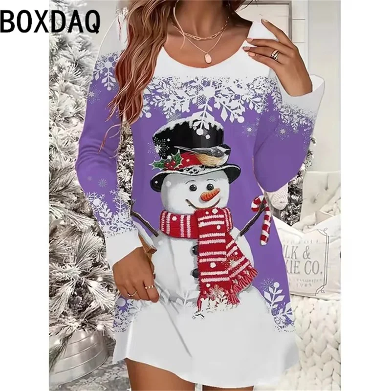 Ladies\' Christmas Party Dress New 3D Red Christmas Snowman Printed Dress Long Sleeve O-Neck Casual Loose Mini Dress Vestidos