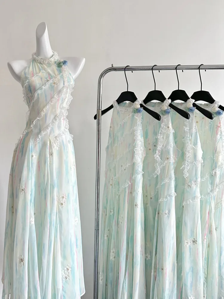 

2025 Summer Women French Dopamine Colorful Sleeveless Neck Hanging Long Dresses Chic A-line Tie Dye Slimming Evening Robe Frock