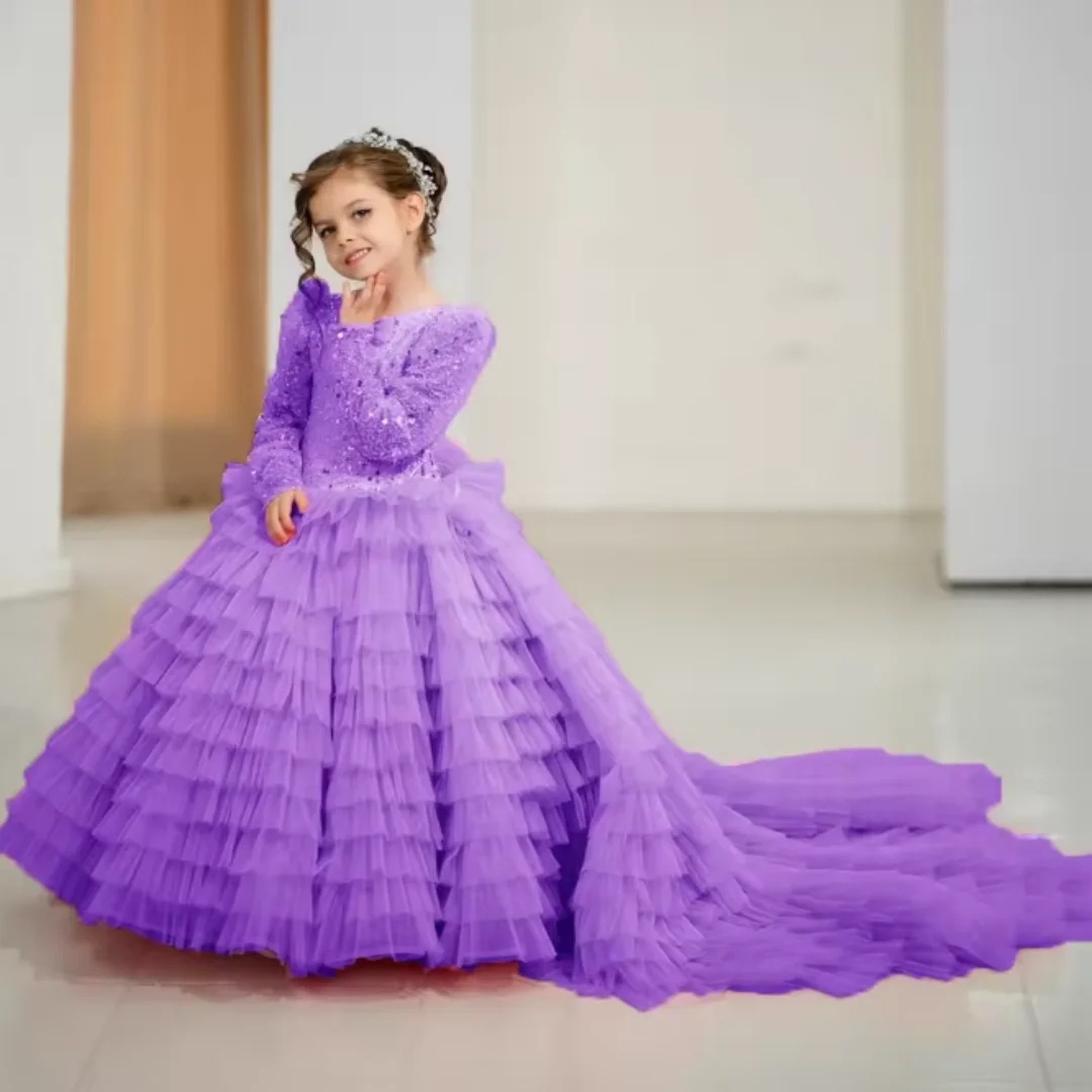 Luxurious Sequin Ruffled Sparkle Girl's First Communion Dress Long Sleeve Floor-Length Formal Wedding Party Children's Dress