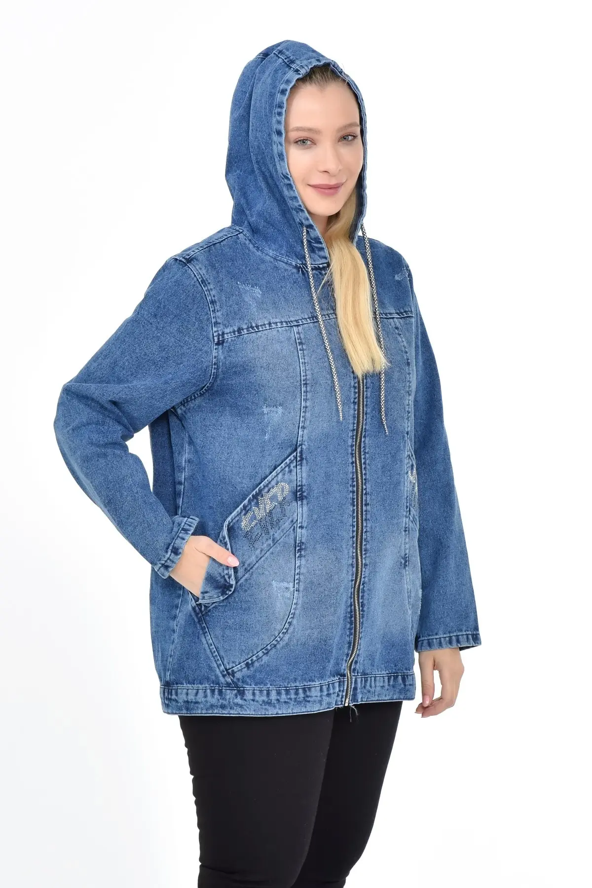 Diges Plus Size donna autunno inverno Casual giacca di jeans spessa tasca allentata con cappuccio cappotto caldo dettagliato capispalla qualità turca