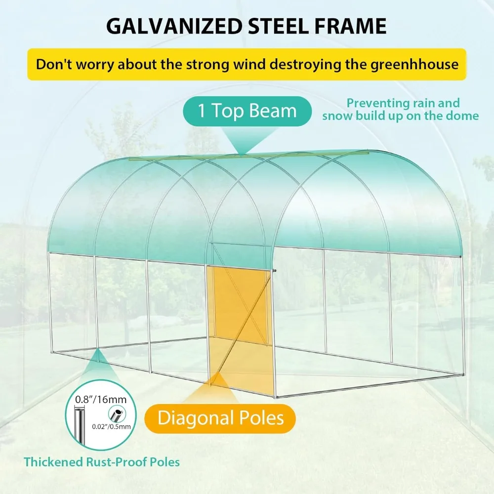 

15x7x7 FT Walk-in Greenhouse with 2 Roll-Up Zipper Doors and 8 Windows, Garden Plant Hot House with Galvanized Steel Frame