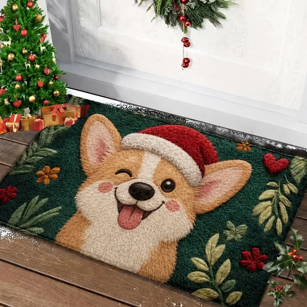 VIKAMA Christmas Corgi Dog Dark Green Doormat Non Slip Absorbent Floor Rug for Entryway Kitchen Bathroom Holiday Home Decor