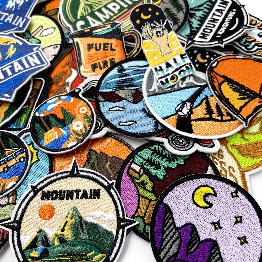 Camping Field Landscape Iron On Bandage Patches Apparel Sewing Fabric Handmade Appliques For Clothing Stickers Badge Parche