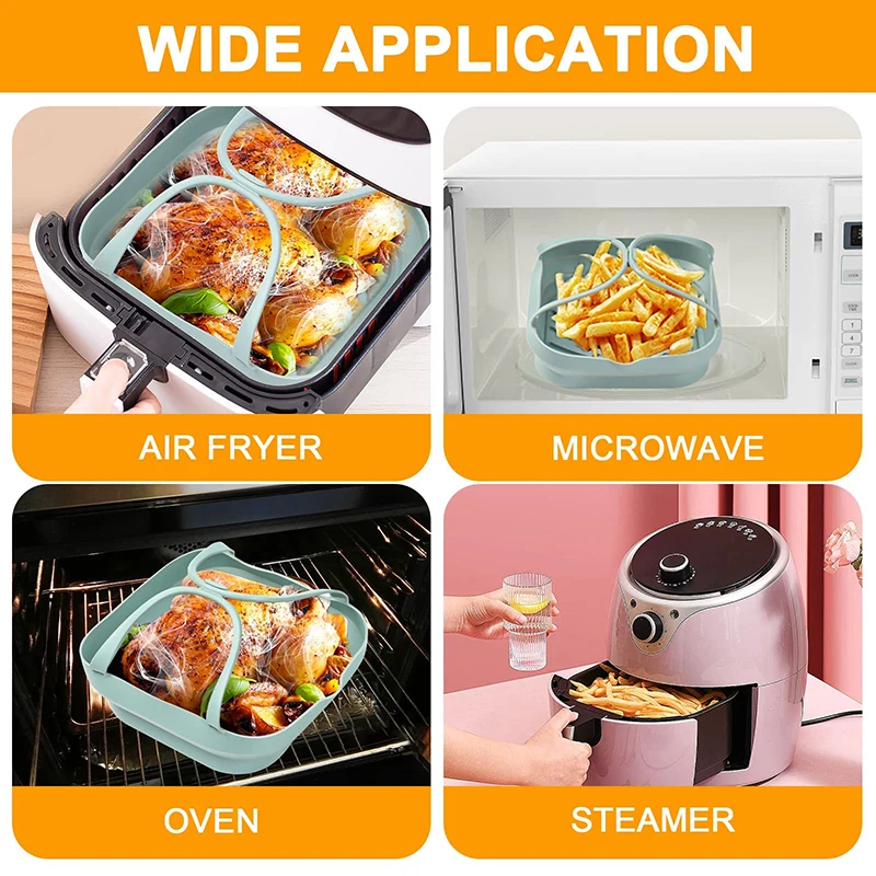 20cm Air Fryer Silicone Basket Tray Pot With Handle 8inch Square Airfryer Baking Mold Liner Foldable Kitchen Cooking Accessories