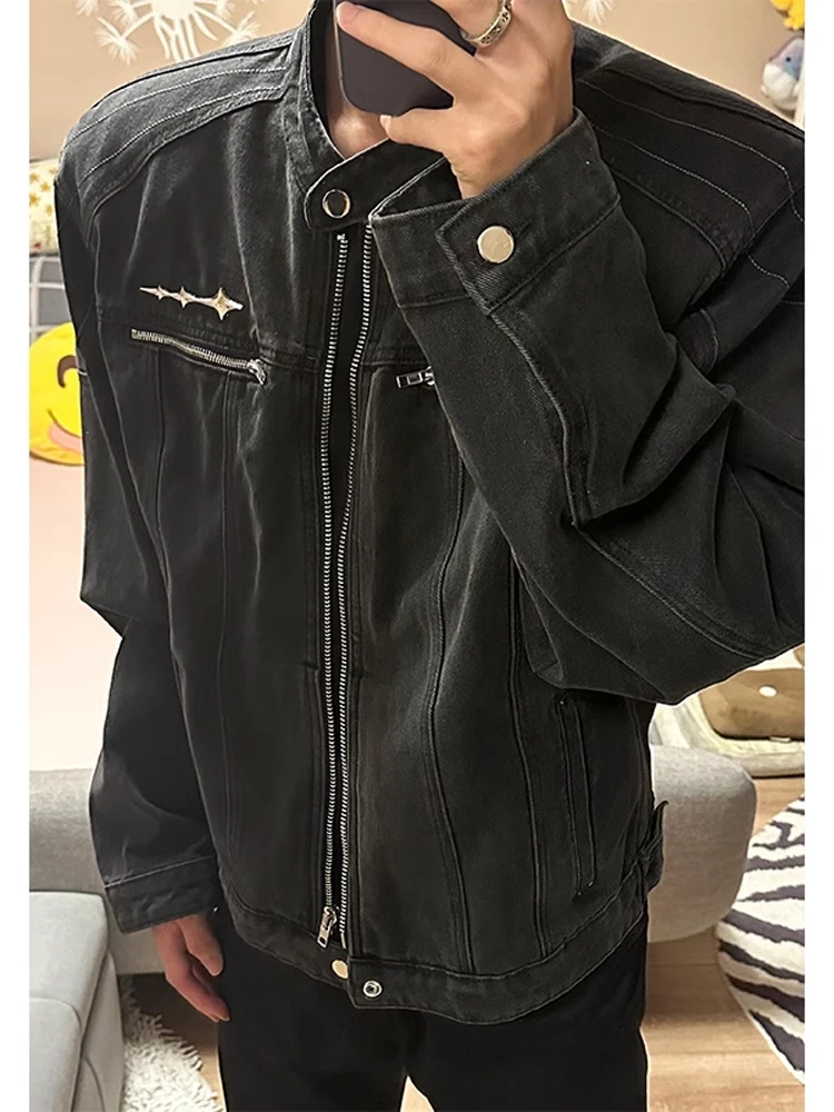 

Waed ort American Sle oulder Padded Men's Denim Jaet Spring Autumn Vintage High-End Design Workwear Jaet