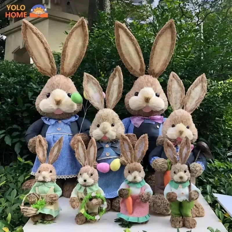 2Pcs New Cute Straw Rabbits Bunny Decor Easter Party Home Garden Wedding Ornament Props Crafts Handmade Decorations Gift 35cm