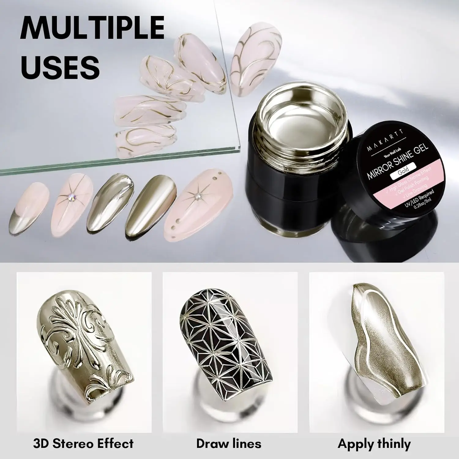 Metallic Gel Nagellack Set: Silber & Gold Chrom Gel Nagellack 3D Metall Malgele Spiegel Nagellack Aushärtung mit UV/LED erforderlich – Detail 5