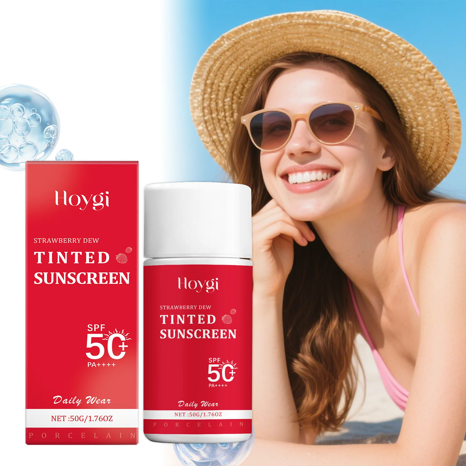 Crema solar teñida de fresa con extracto de arginina y fresa hidratante facial SPF 50 protección diaria no graso 50g