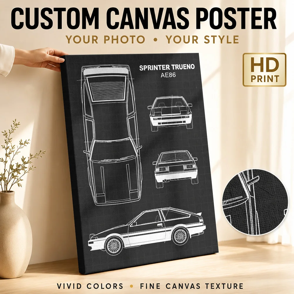 Japanese AE86 Sprinter Trueno White Sports Car Canvas Posters Modern Wall Art With Customized Photo For Studio Ideal Driver Gift