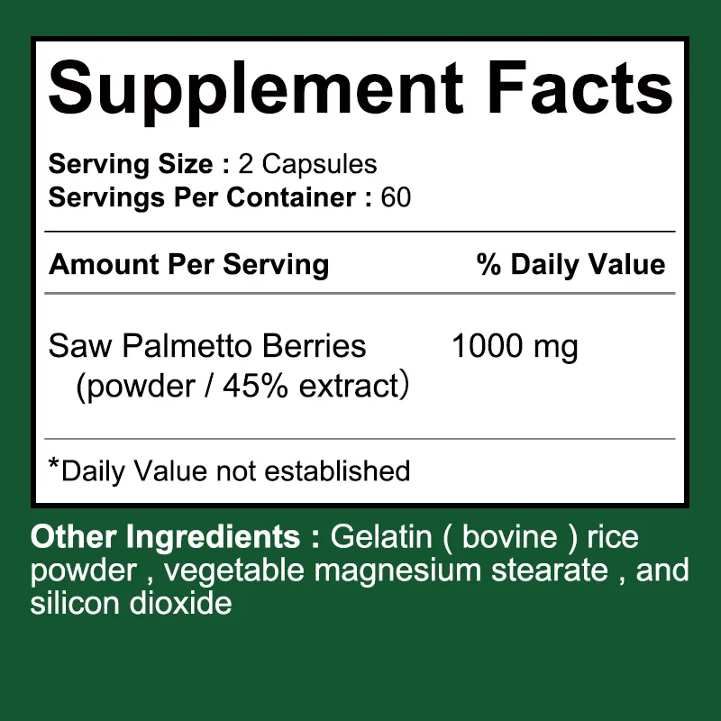 Premium Saw Palmetto Capsules 1000mg - for Prostate Function and Urinary System Health, Prevents Hair Loss, Antioxidant