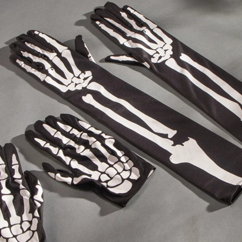 Halloween Bone Print Skeleton Gloves Long Black Stretch Cosplay Party Props Horror Skeleton Gloves Accessories for Women Men