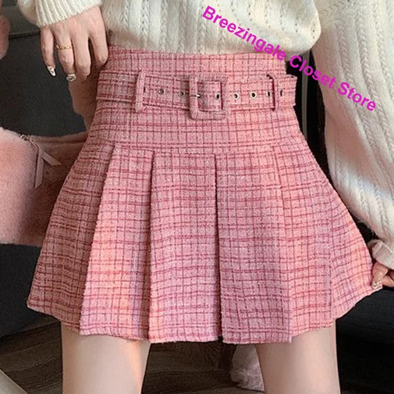 Korean-style Tweed High Waist A-word Skirt with Belt for Women's Autumn and Winter New Fashion Temperament Anti-exposure Skirt
