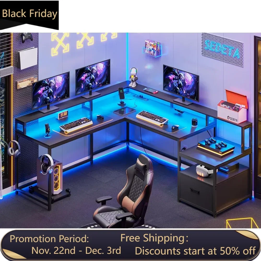 L Shaped Gaming Desk, Home Office Desk, Corner Gaming Computer Desk, Monitor Shelf and Printer Storage Shelves, Two Person Desk