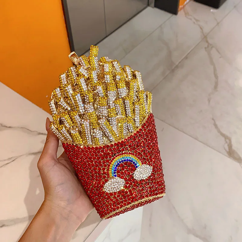 

Стильная и простая акриловая сумка, изысканная и креативная картофель фри, блестящая сумка-мессенджер, инкрустированная бриллиантами.