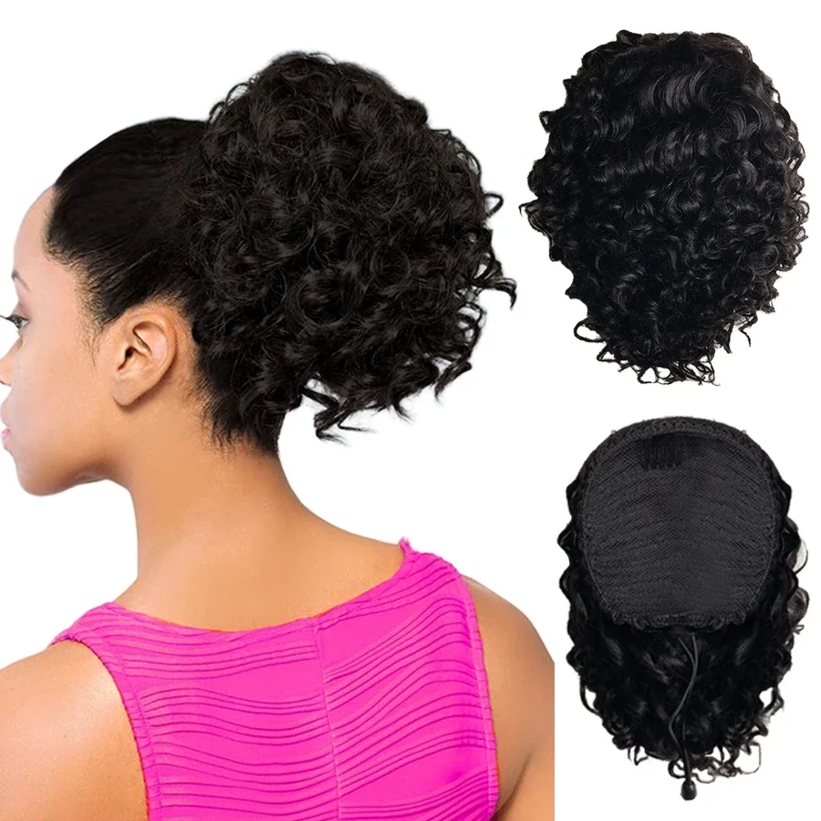 

Short Drawstring Curly Wavy Ponytail Extensions for Women 100% Human Hair Water Wave Ponytail Clip in on Hair Natural Black 8in
