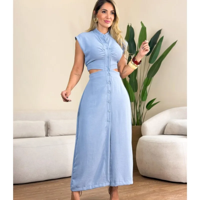 

Foreign Style Single Breasted Cardigan Dress For Women Fashion Sleeveless Loose Big Hem Dresses Ladies Elegant Office Vestidos