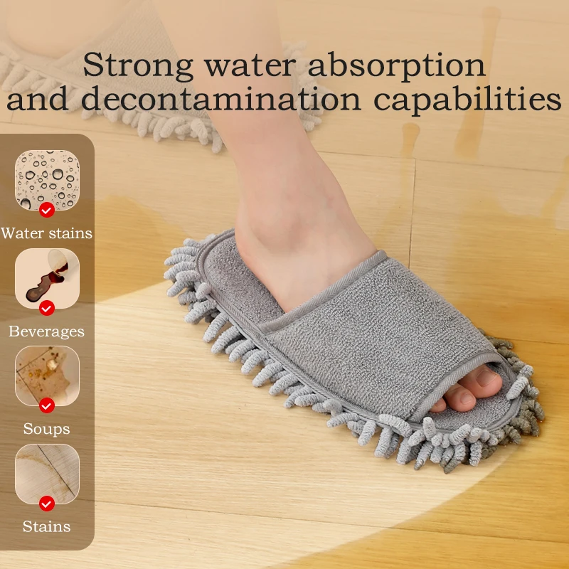 Slippers for Spring and Autumn, Household Floor Cleaning Slippers, Chenille Silent Slippers, Wooden Floor Cleaning Open-Toe Non-Slip Lazy Slippers