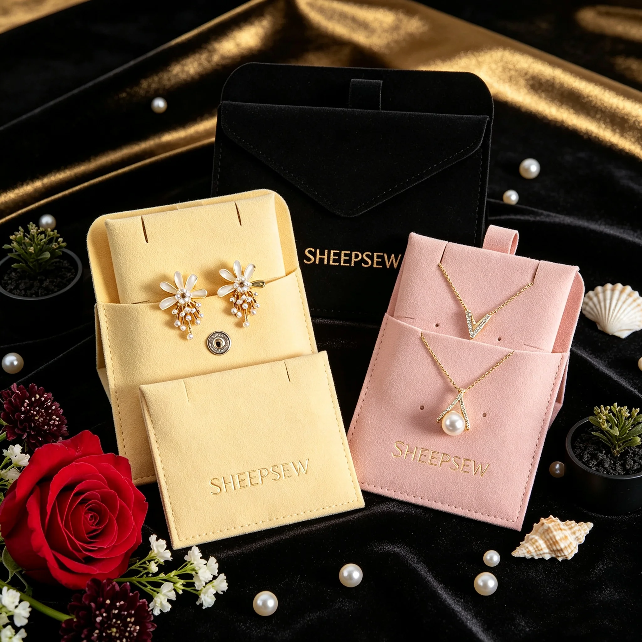 20/50/100pcs Custom Logo Jewelry Package Peach Bulk Microfiber Envelope Flap Wedding Party Gift Bag with Insert Pad For Rings Ea